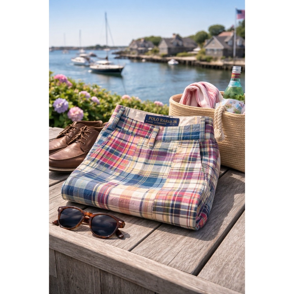 POLO RALPH LAUREN Men Shorts 42 Classic Fit 9" Madras Plaid Patchwork Preppy Ivy - Picture 10 of 10